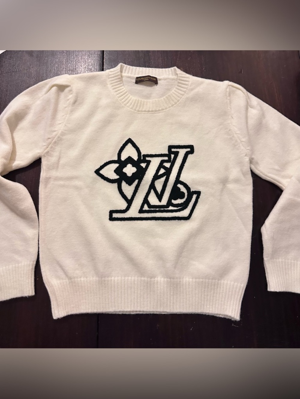 Louis Vuitton Women's Cream Crewneck Sweater with Black Logo